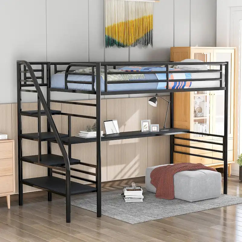 Twin Black Metal Loft Bed Frame with Desk, No Box Spring Needed