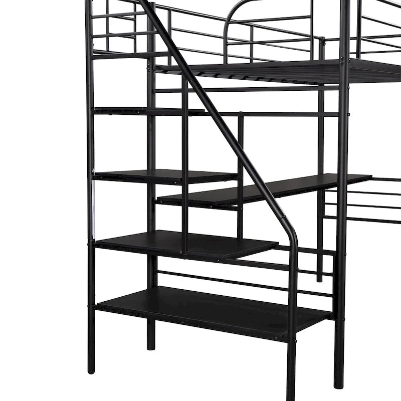 Twin Black Metal Loft Bed Frame with Desk, No Box Spring Needed