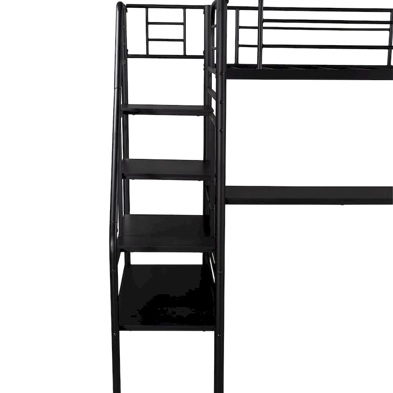 Twin Black Metal Loft Bed Frame with Desk, No Box Spring Needed