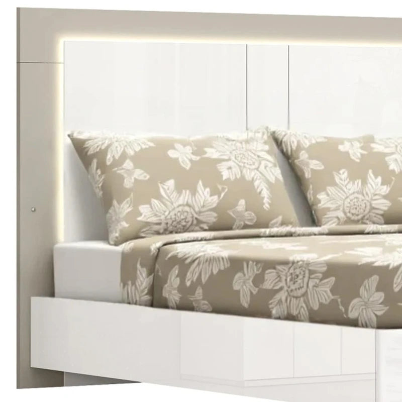 HomeRoots King White High Gloss Bed Frame with LED Headboard