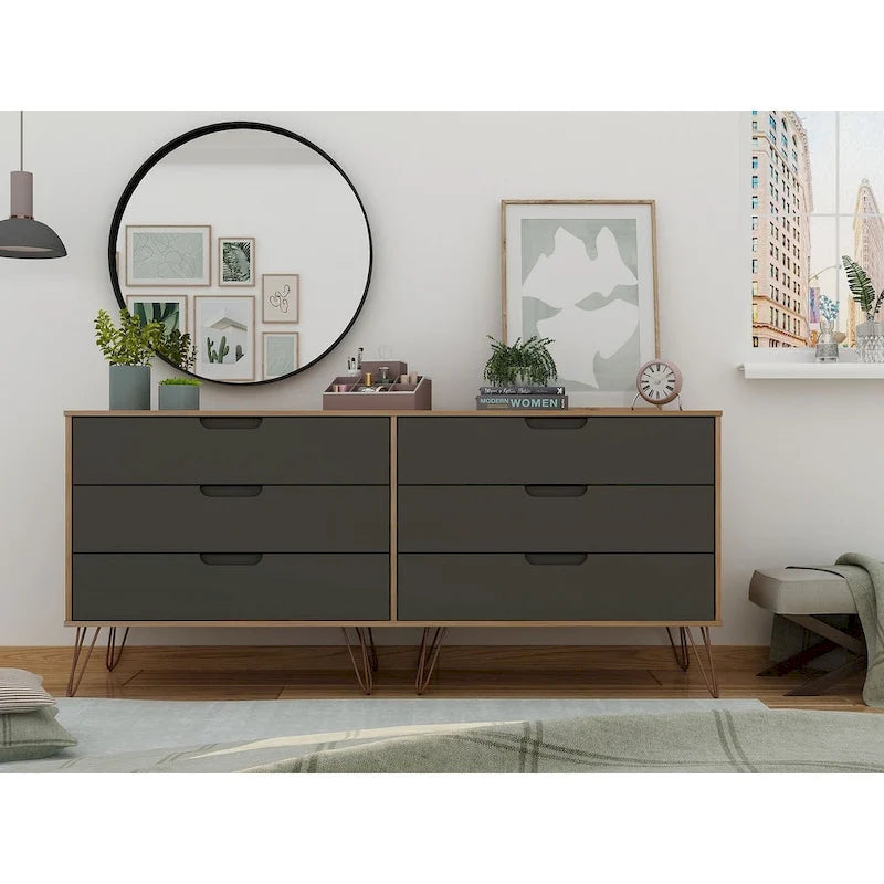 Manhattan Comfort Rockefeller 6-Drawer Double Low Dresser with Metal Legs