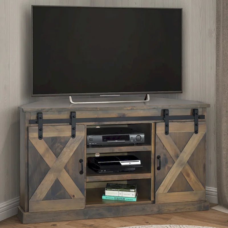 Bridgevine Home Farmhouse 66 inch Corner TV Stand for TVs up to 80 inches, No Assembly Required, Barnwood Finish