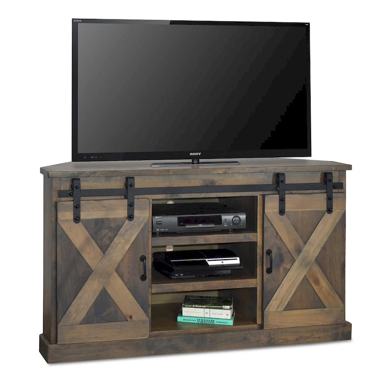Bridgevine Home Farmhouse 66 inch Corner TV Stand for TVs up to 80 inches, No Assembly Required, Barnwood Finish