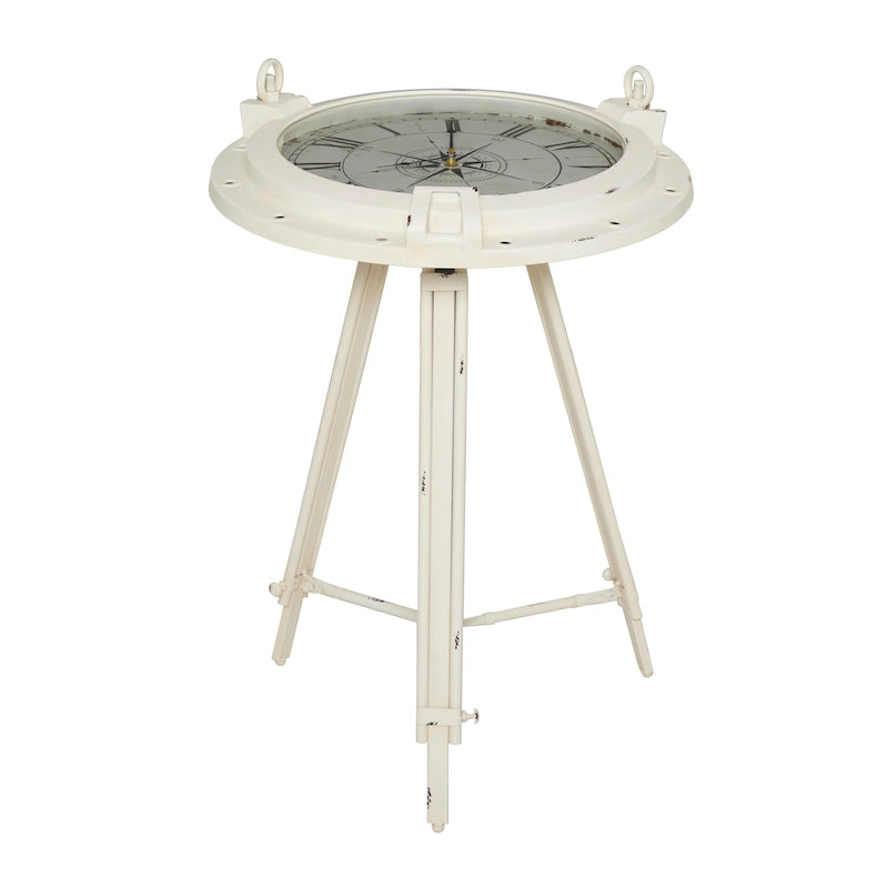 Metal Compass Accent Table with Clock and Clear Glass Top - White or Black - Roche River Decor