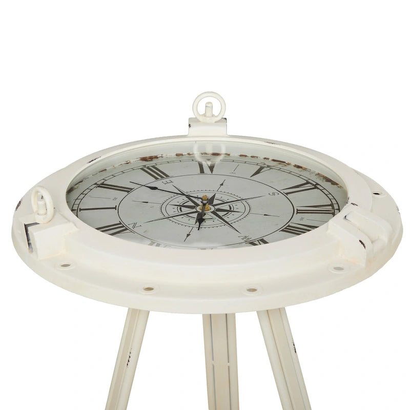 Metal Compass Accent Table with Clock and Clear Glass Top - White or Black - Roche River Decor