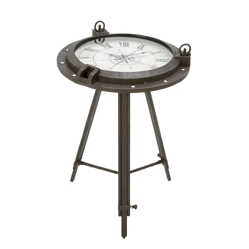 Metal Compass Accent Table with Clock and Clear Glass Top - White or Black - Roche River Decor