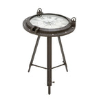 Metal Compass Accent Table with Clock and Clear Glass Top - White or Black - Roche River Decor