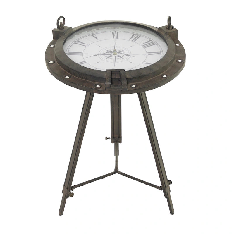 Metal Compass Accent Table with Clock and Clear Glass Top - White or Black - Roche River Decor