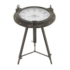 Metal Compass Accent Table with Clock and Clear Glass Top - White or Black - Roche River Decor