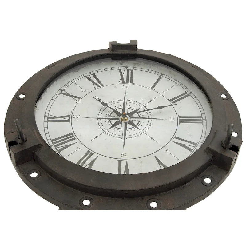 Metal Compass Accent Table with Clock and Clear Glass Top - White or Black - Roche River Decor