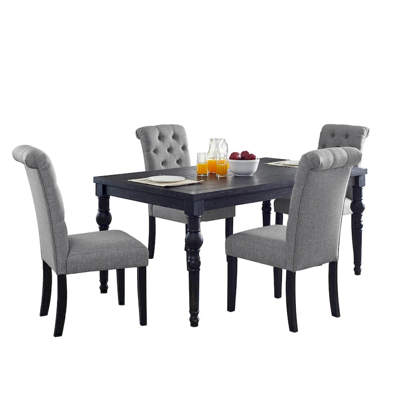Roundhill Furniture Leviton Urban Style Wood Dark Wash Turned-Leg Dining Set: Table and 4 Chairs