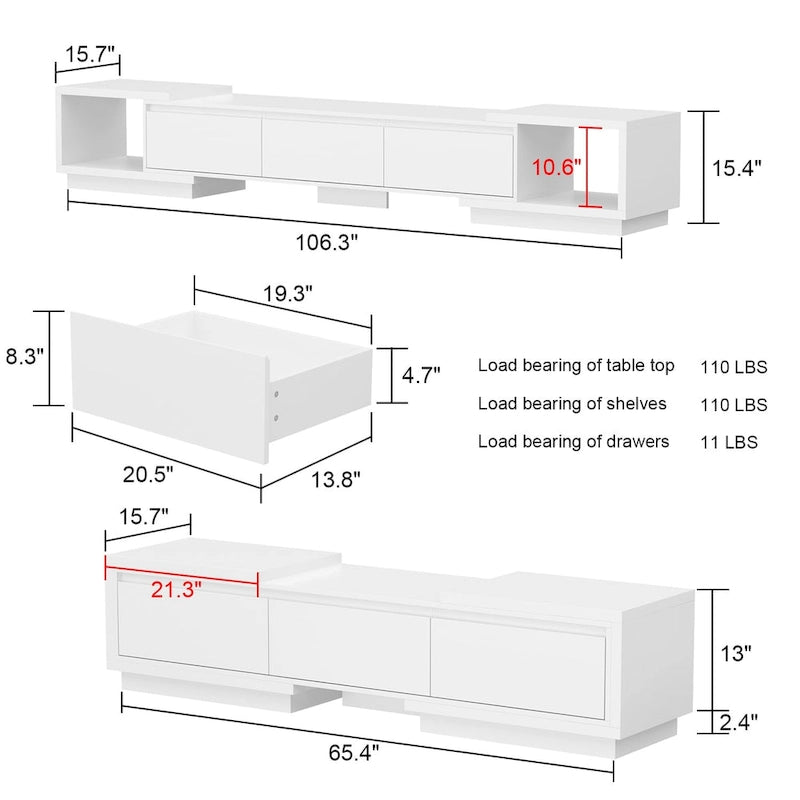 Modern Style Extendable TV Stand with 3Drawer White/Black 65.4 -106.3