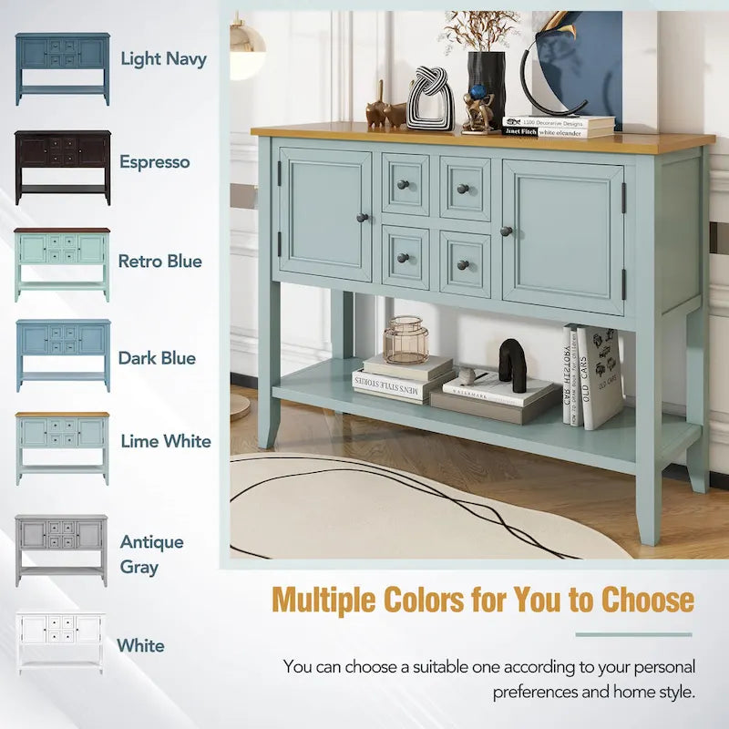 Vintage Console Table with 4 Drawers and Bottom Shelf