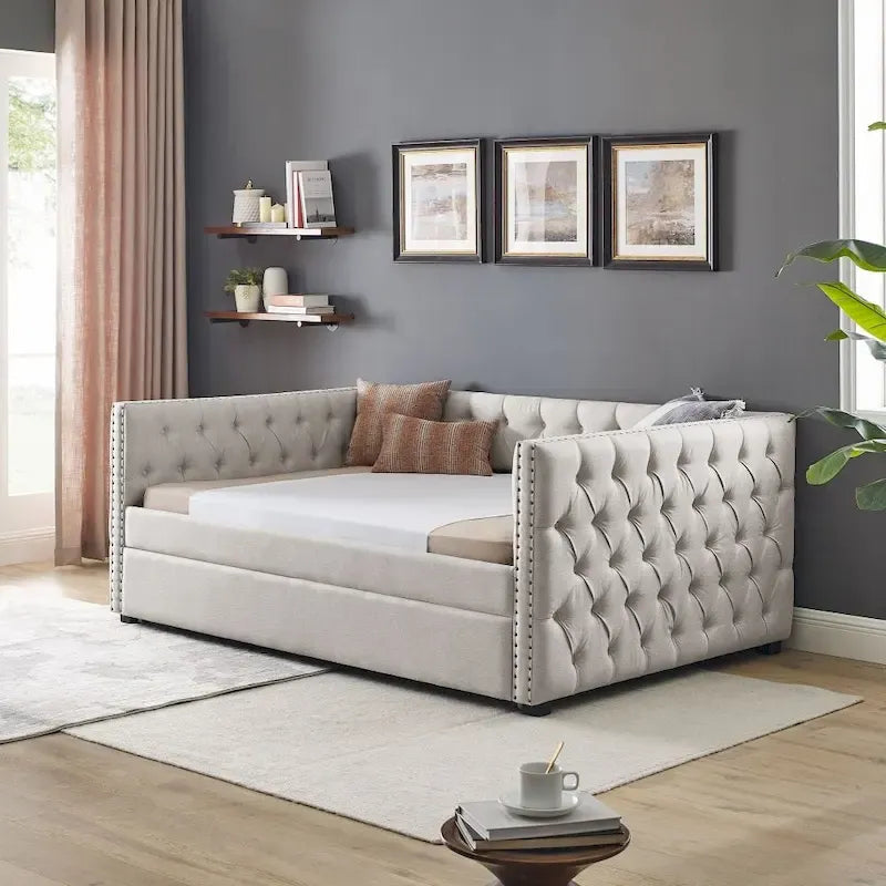 Full Daybed with Trundle Upholstered Tufted Sofa Bed, with Button and Copper Nail on Square Arms