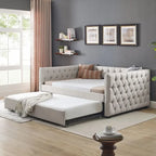 Full Daybed with Trundle Upholstered Tufted Sofa Bed, with Button and Copper Nail on Square Arms