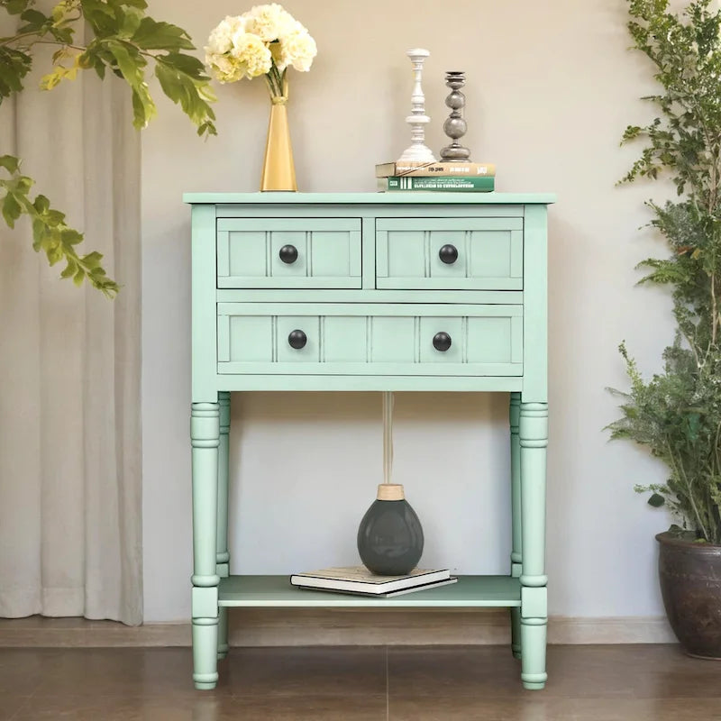 Narrow table, rustic entrance table, slim sofa table, three storage drawers and bottom shelf