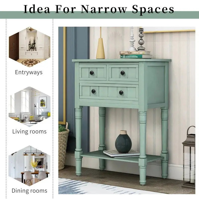 Narrow table, rustic entrance table, slim sofa table, three storage drawers and bottom shelf