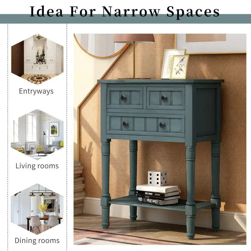 Narrow table, rustic entrance table, slim sofa table, three storage drawers and bottom shelf