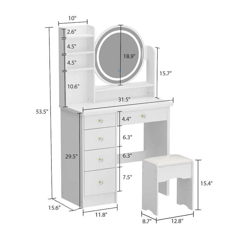 Timechee 31.5  Wide Makeup Vanity Set with Stool, Mirror,3 Color Light - 31.5 W