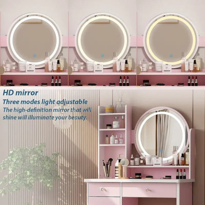 Timechee 31.5  Wide Makeup Vanity Set with Stool, Mirror,3 Color Light - 31.5 W
