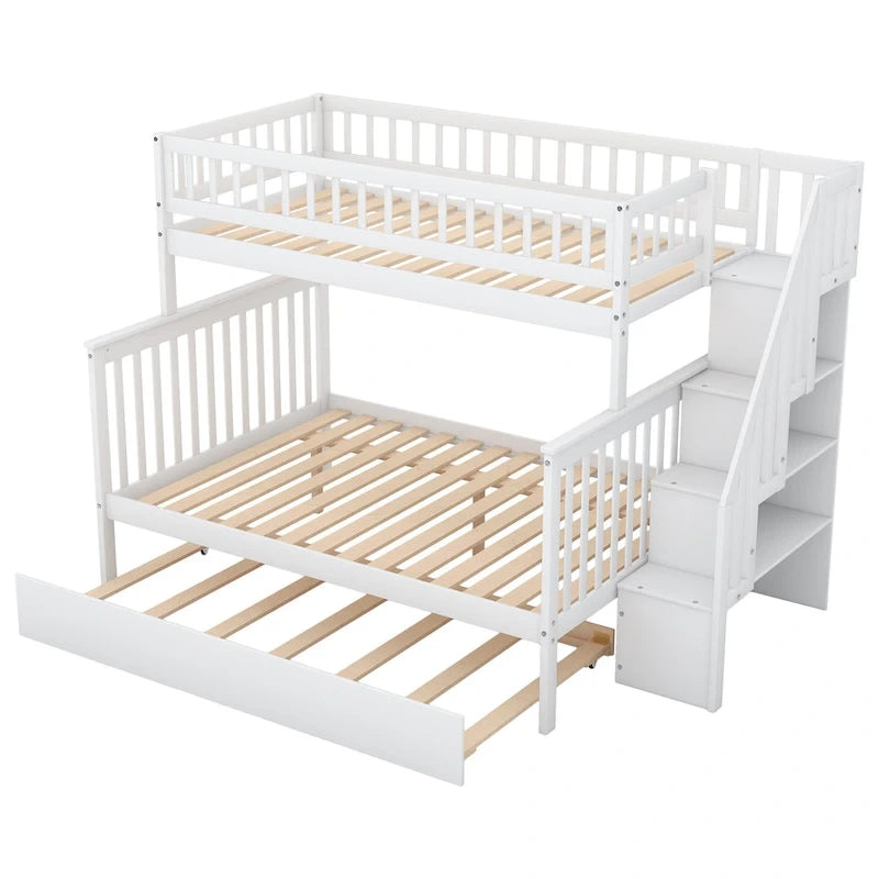 Twin over Full Bunk Bed with Trundle and Staircase,Gray