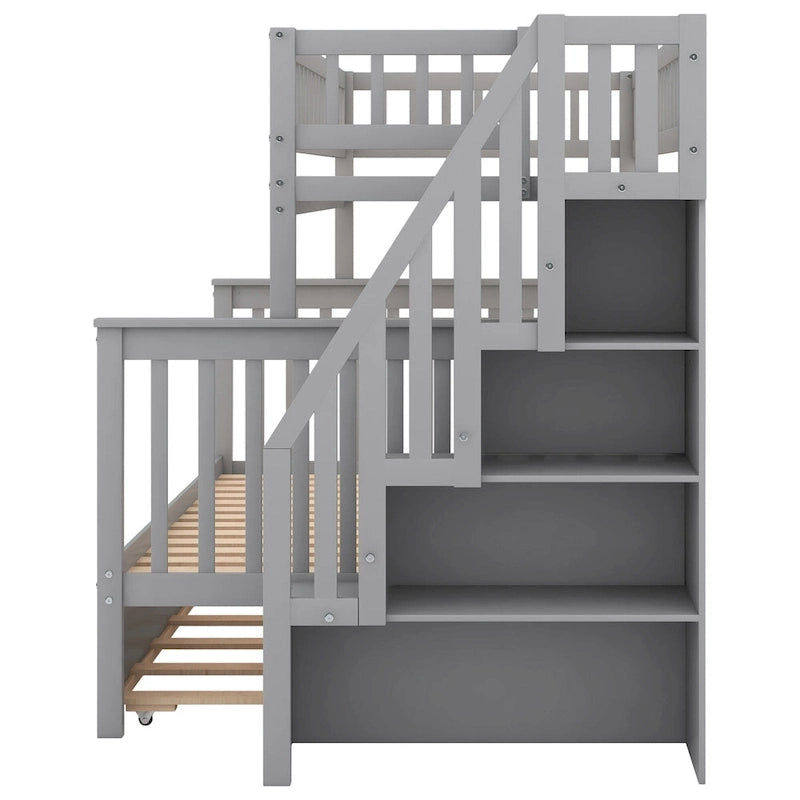 Twin over Full Bunk Bed with Trundle and Staircase,Gray