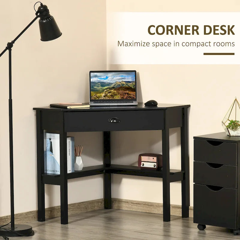 HOMCOM Corner Desk, Triangle Computer Desk with Drawer and Storage Shelves for Small Space