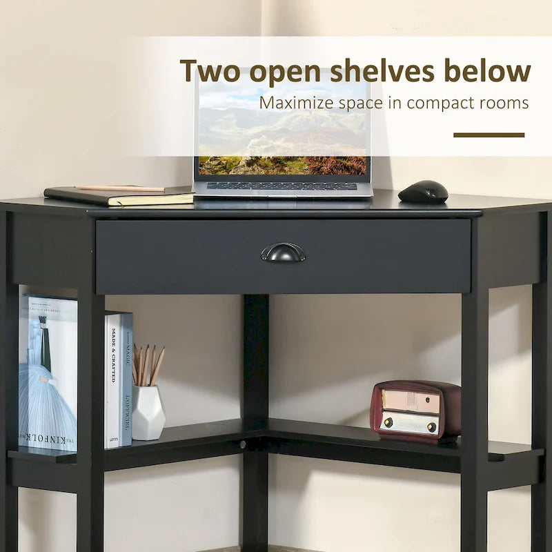 HOMCOM Corner Desk, Triangle Computer Desk with Drawer and Storage Shelves for Small Space