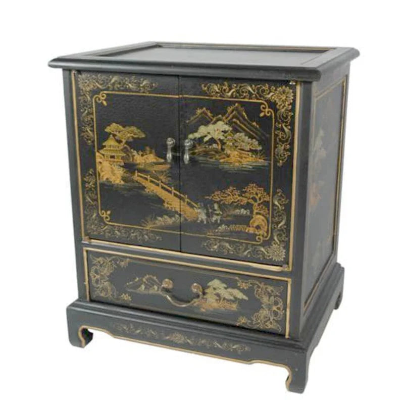 Handmade Lacquered Vintage Chinese Landscape End Table - 20.00 W x 16.00 D x 24.50 H