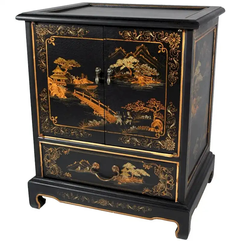 Handmade Lacquered Vintage Chinese Landscape End Table - 20.00 W x 16.00 D x 24.50 H