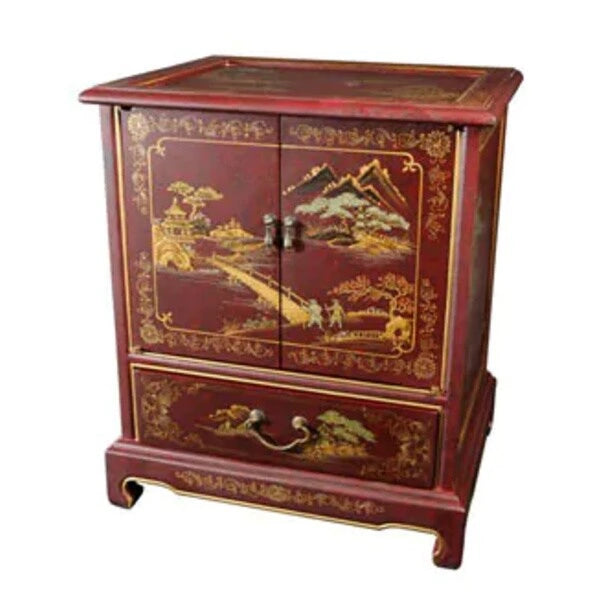 Handmade Lacquered Vintage Chinese Landscape End Table - 20.00 W x 16.00 D x 24.50 H