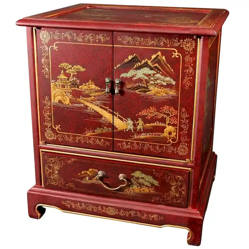 Handmade Lacquered Vintage Chinese Landscape End Table - 20.00 W x 16.00 D x 24.50 H