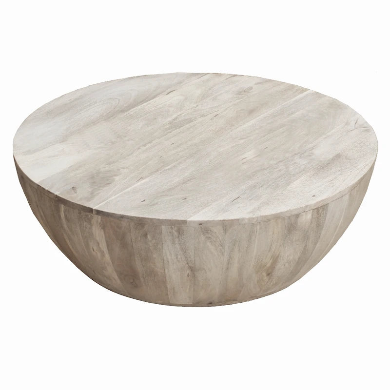 36 Inch Round Mango Wood Coffee Table, Subtle Grains, Distressed White - 35.5  x 35.5  x 12