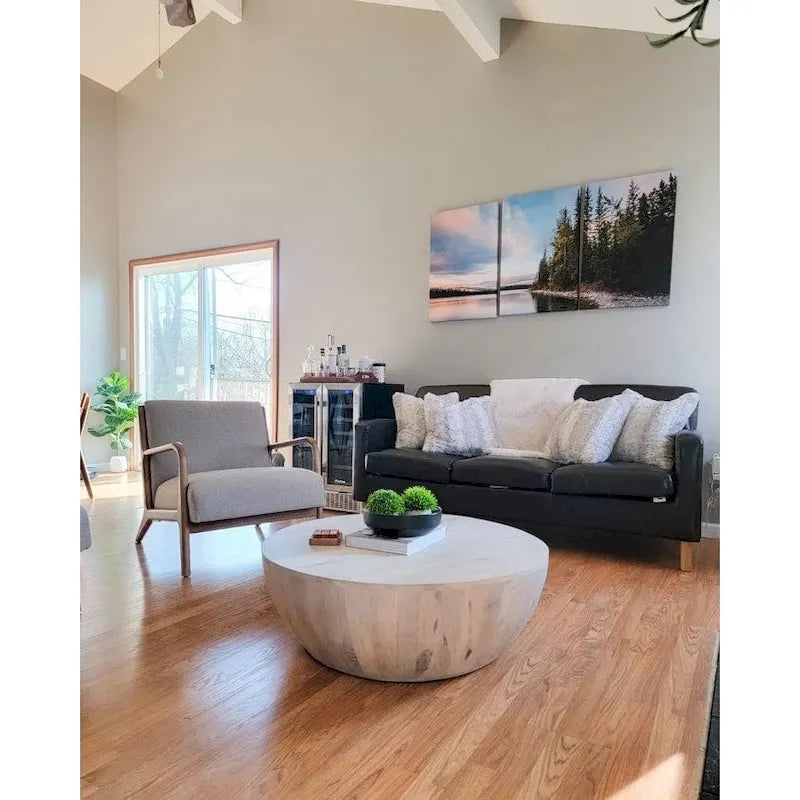 36 Inch Round Mango Wood Coffee Table, Subtle Grains, Distressed White - 35.5  x 35.5  x 12 