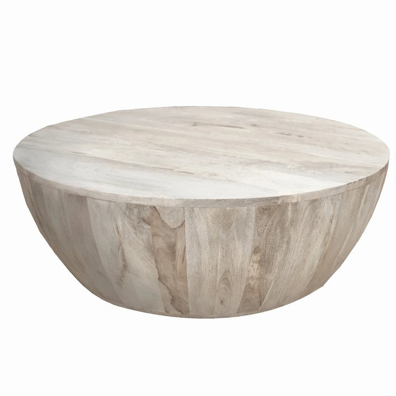 36 Inch Round Mango Wood Coffee Table, Subtle Grains, Distressed White - 35.5  x 35.5  x 12