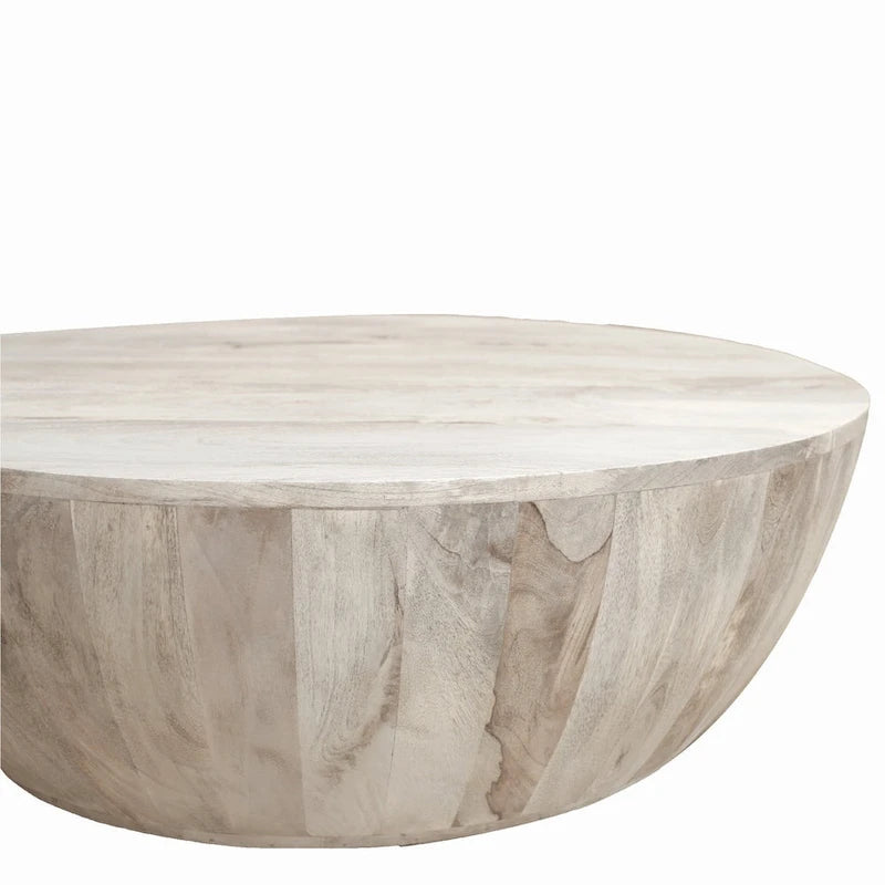 36 Inch Round Mango Wood Coffee Table, Subtle Grains, Distressed White - 35.5  x 35.5  x 12