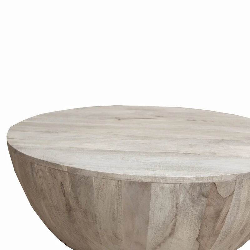 36 Inch Round Mango Wood Coffee Table, Subtle Grains, Distressed White - 35.5  x 35.5  x 12