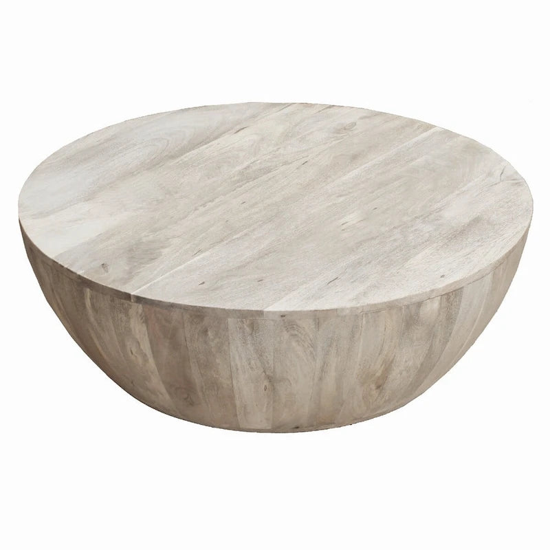 36 Inch Round Mango Wood Coffee Table, Subtle Grains, Distressed White - 35.5  x 35.5  x 12