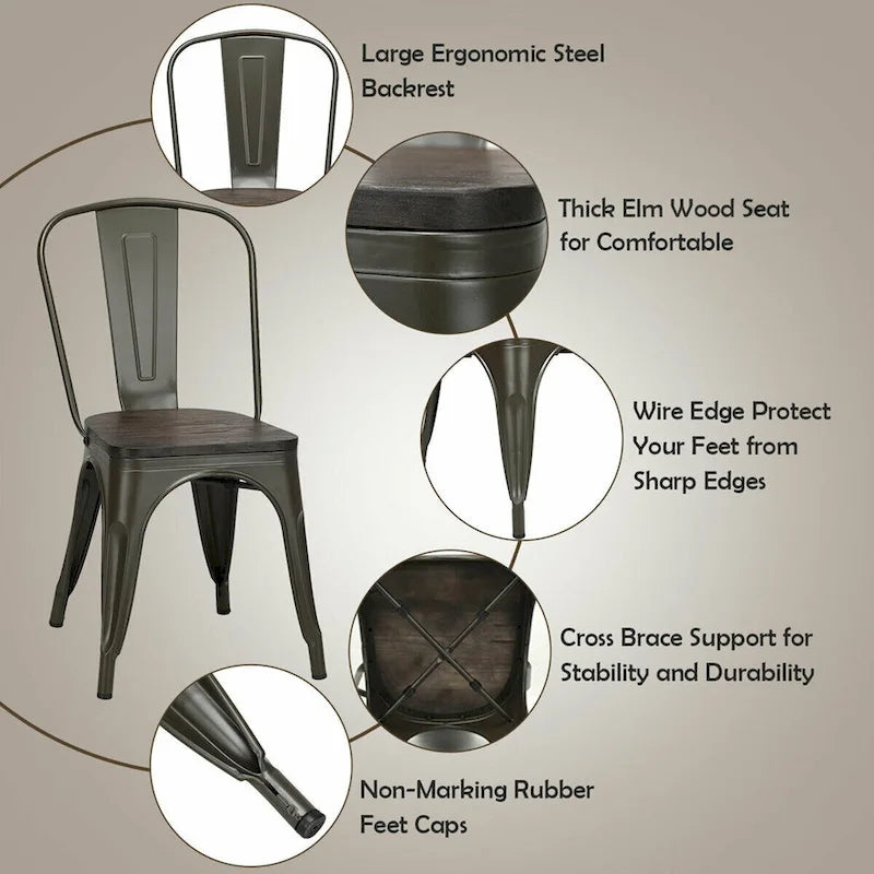 Gymax Set of 4 Metal Dining Side Chair Wood Seat Stackable Bistro Cafe - See details