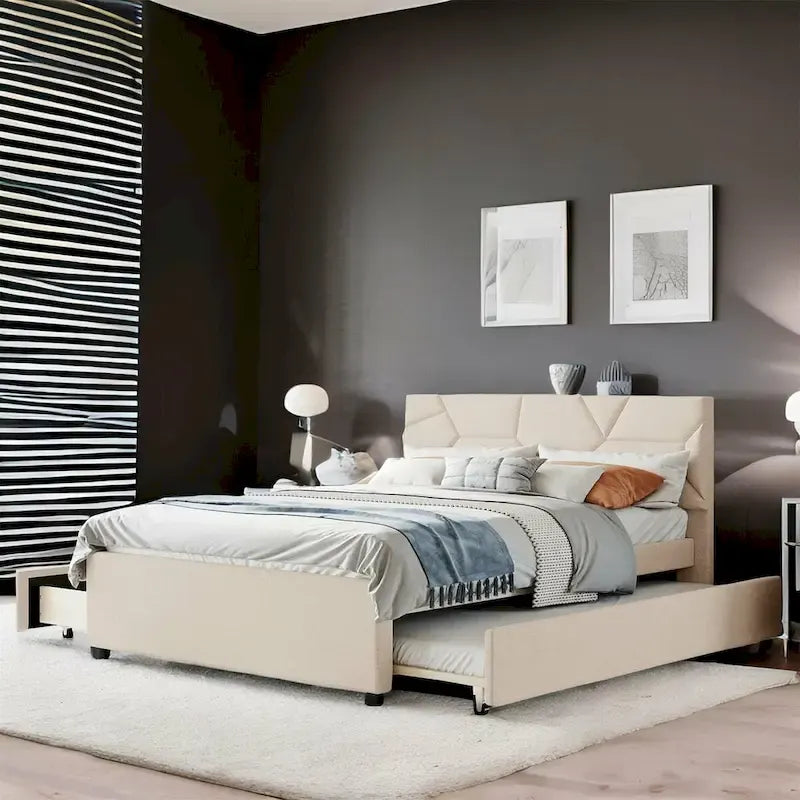 Queen Size Linen Platform Bed with Twin Size Trundle and Drawers