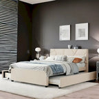 Queen Size Linen Platform Bed with Twin Size Trundle and Drawers