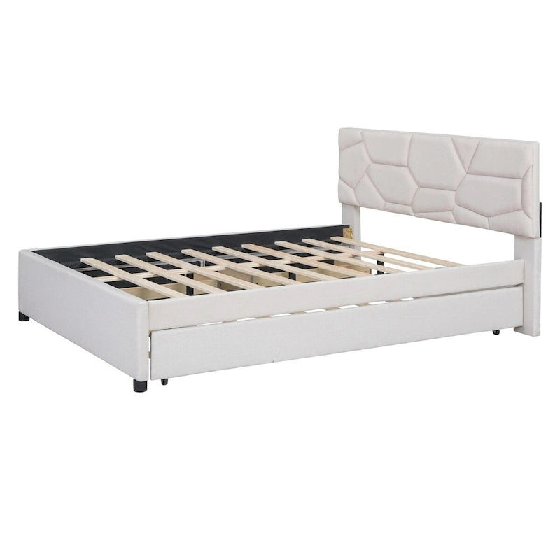 Queen Size Linen Platform Bed with Twin Size Trundle and Drawers