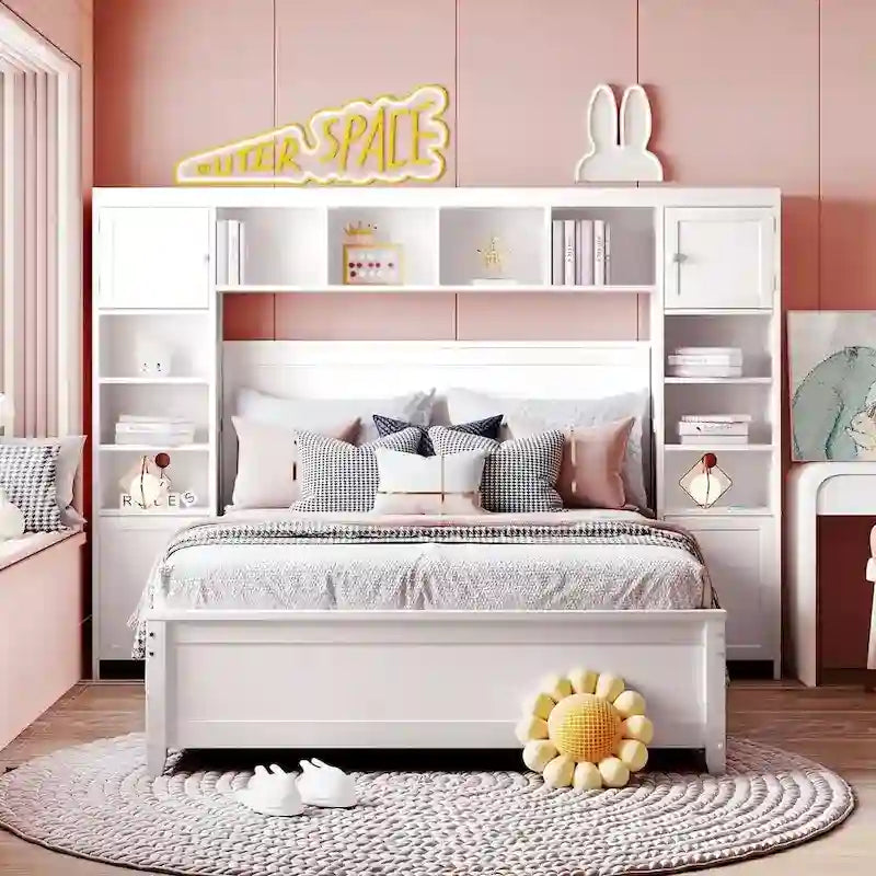 Full Size Wooden Bed With All-in-One Cabinet and Shelf