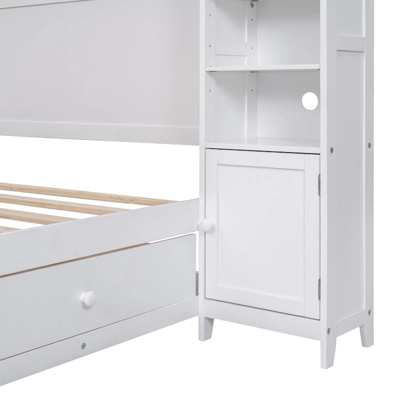 Full Size Wooden Bed With All-in-One Cabinet and Shelf