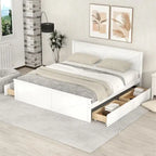 King Size Wooden Platform Bed with Four Storage Drawers and Support Legs