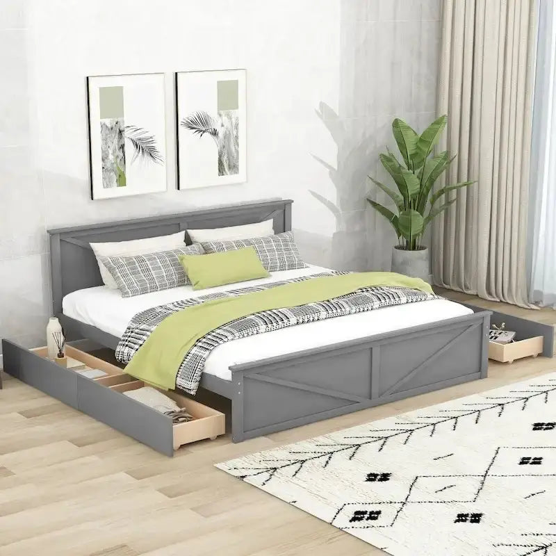 King Size Wooden Platform Bed with Four Storage Drawers and Support Legs