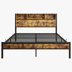 Queen Bed Frame with Storage Headboard, Metal Platform Bed with Charging Station, Bookcase Storage, No Box Spring Needed