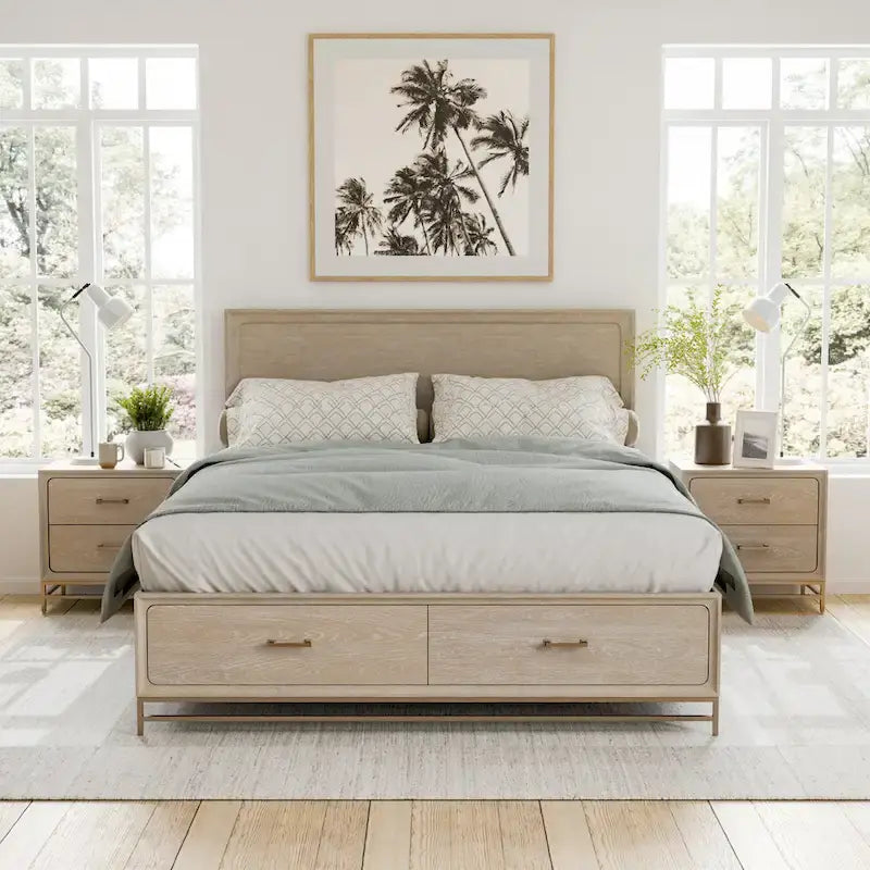 Furniture of America Drayden Transitional Oak Solid Wood 3-Piece Bed and 2 Nightstand Bedroom Set
