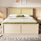 Queen Size Wood Storage Platform Bed with 4 Drawers, Rattan Headboard