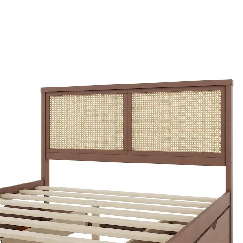 Queen Size Wood Storage Platform Bed with 4 Drawers, Rattan Headboard